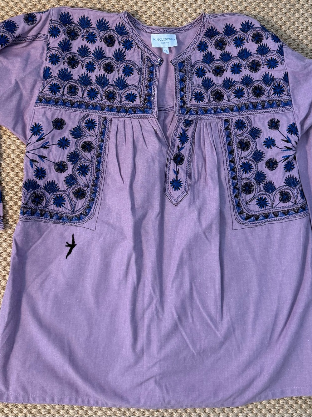 Mi Golondrina Lavender Tunic with Navy Embroidery